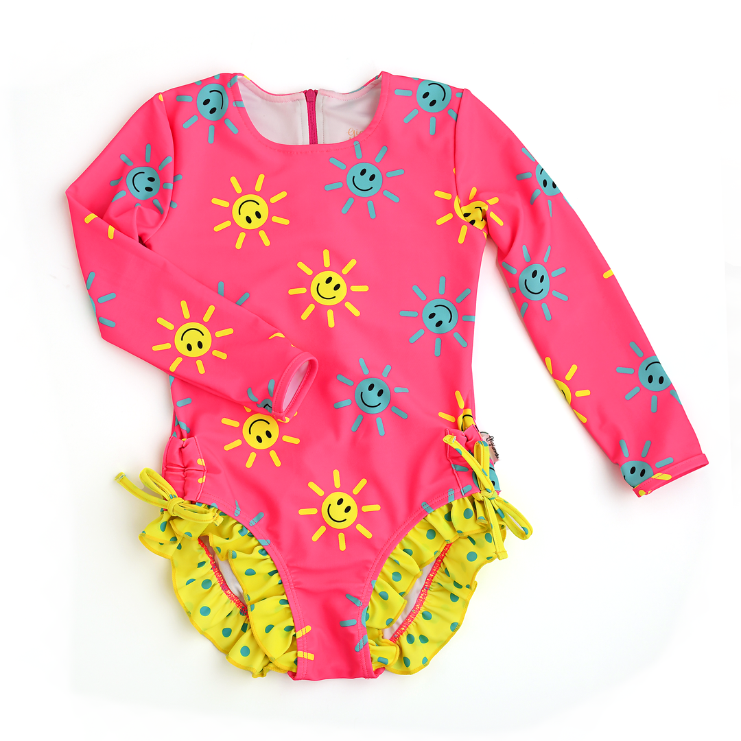 Brittany Smiley Faces LONG SLEEVE RASH GUARD SWIMSUIT - Gigi and Max
