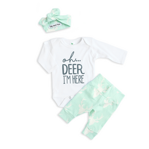 Green & Gray Oh Deer I'm Here Newborn Outfit - Gigi and Max