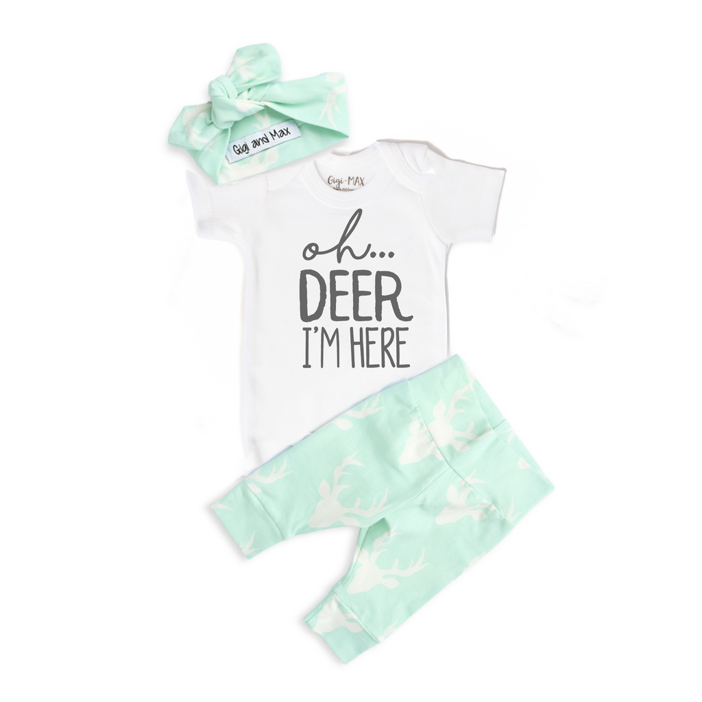 Green & Gray Oh Deer I'm Here Newborn Outfit - Gigi and Max