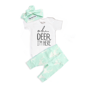 Green & Gray Oh Deer I'm Here Newborn Outfit - Gigi and Max