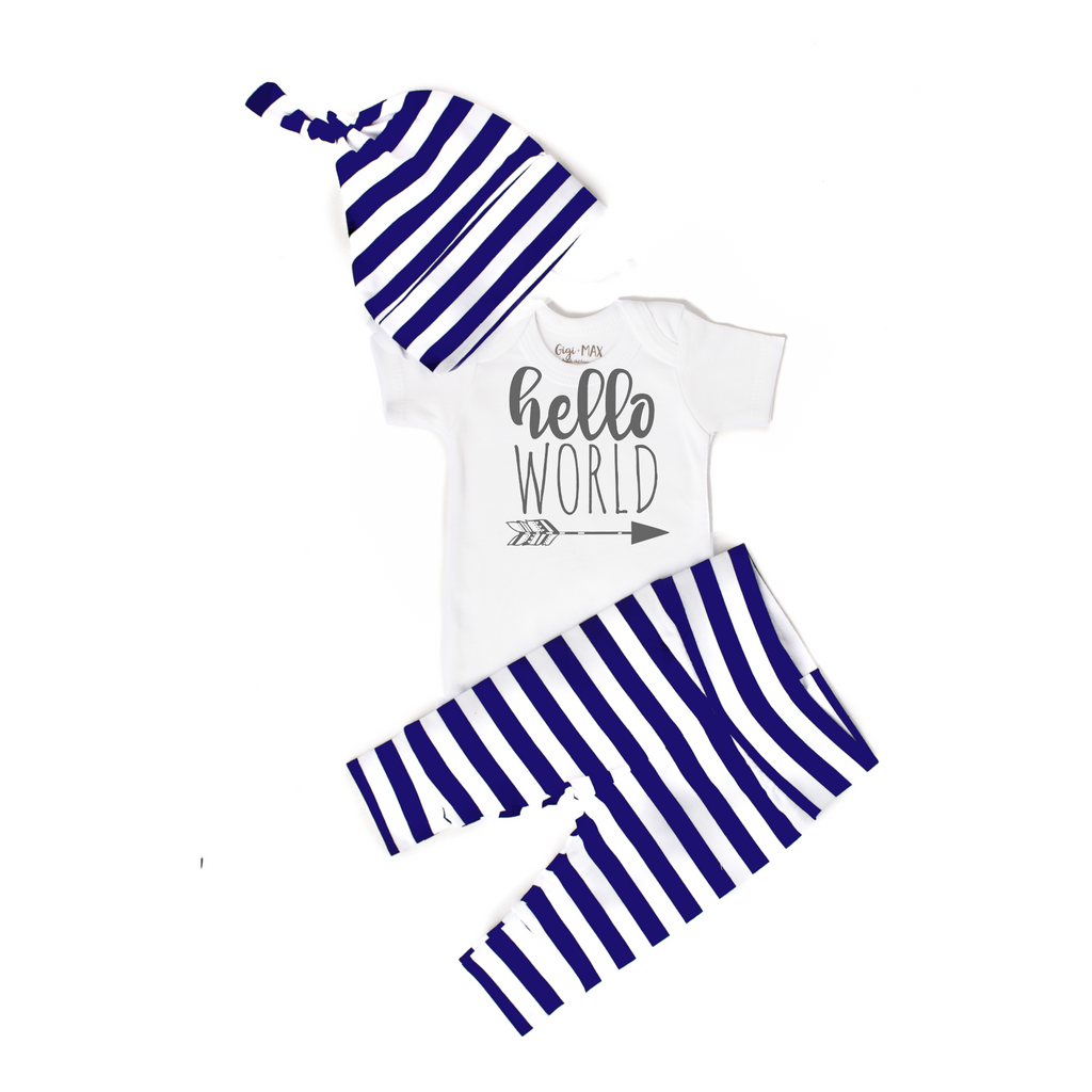 Navy Striped Pants Hello World Newborn Outfit - Gigi and Max