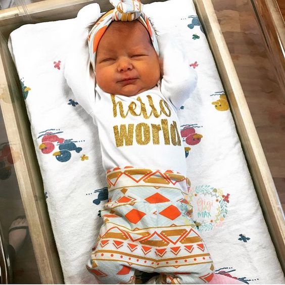 Peach and Mint Aztec Hello World Newborn Outfit - Gigi and Max