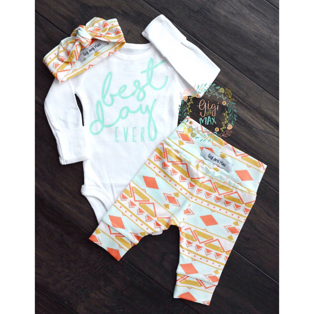 Best Day Ever Peach and Mint Aztec Newborn Outfit - Gigi and Max