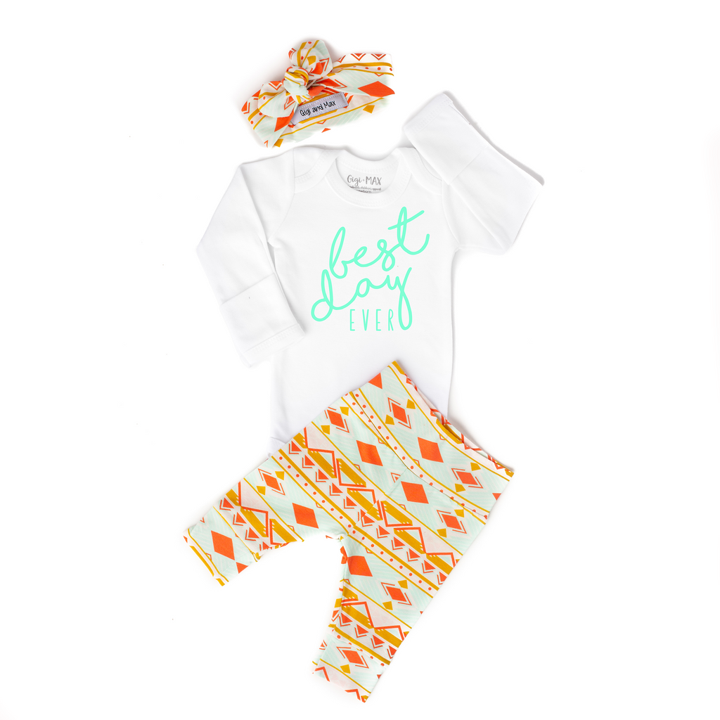Best Day Ever Peach and Mint Aztec Newborn Outfit - Gigi and Max