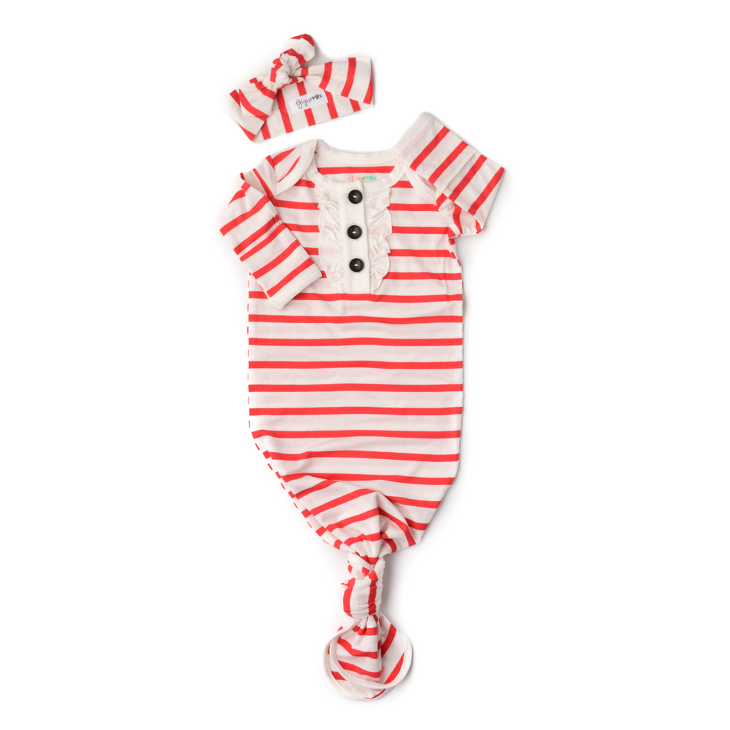 Coral and White Stripe Knotted Ruffle Button Gown - Gigi and Max