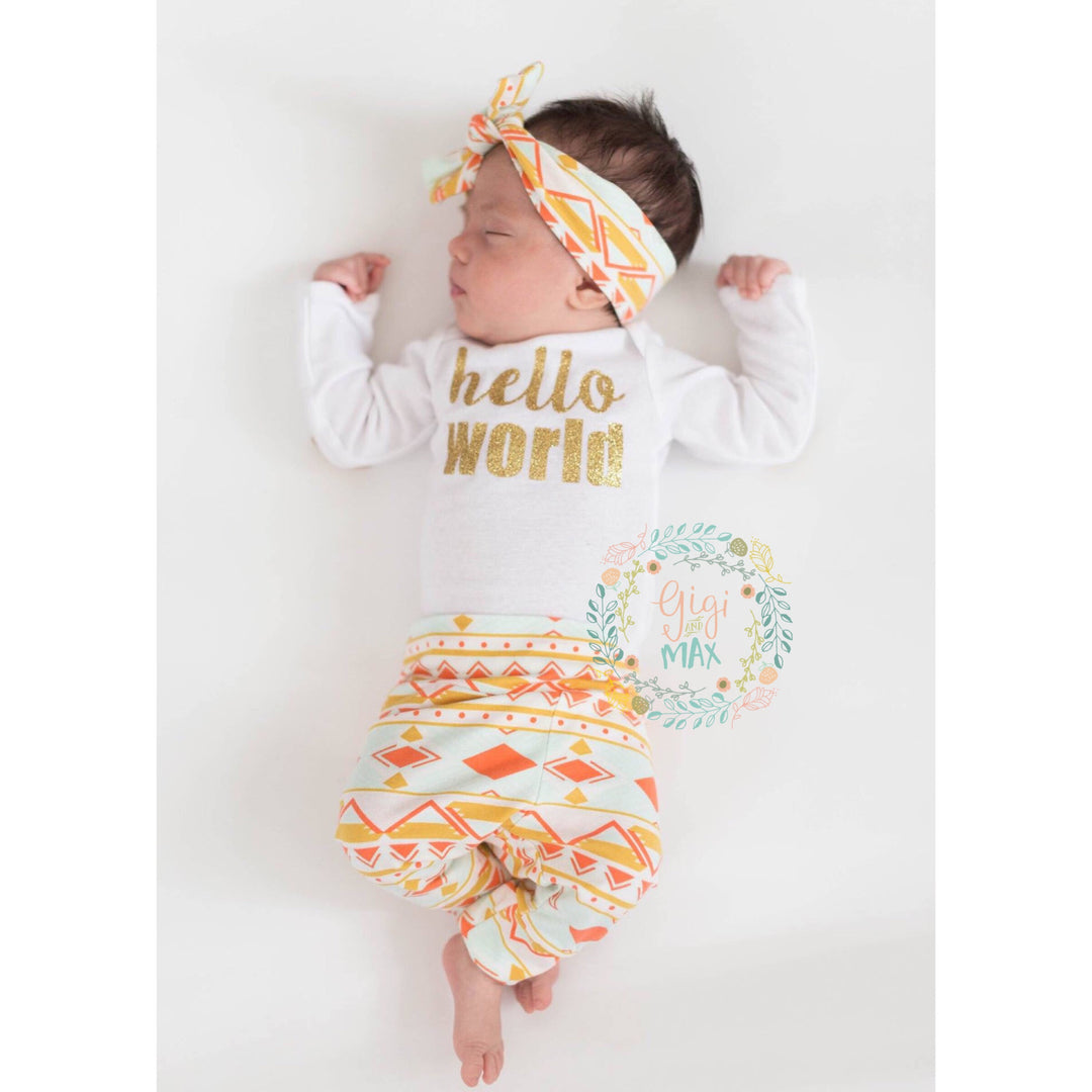 Peach and Mint Aztec Hello World Newborn Outfit - Gigi and Max
