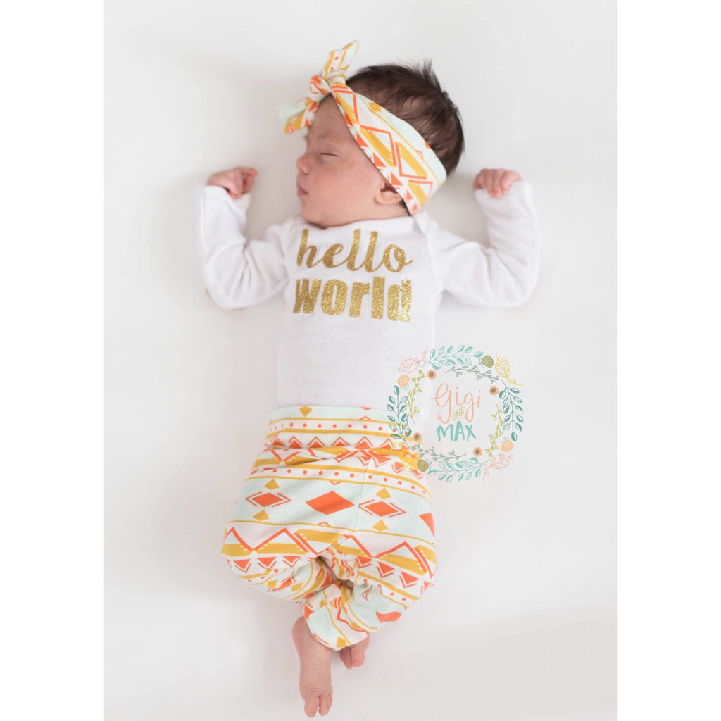 Peach and Mint Aztec Hello World Newborn Outfit - Gigi and Max