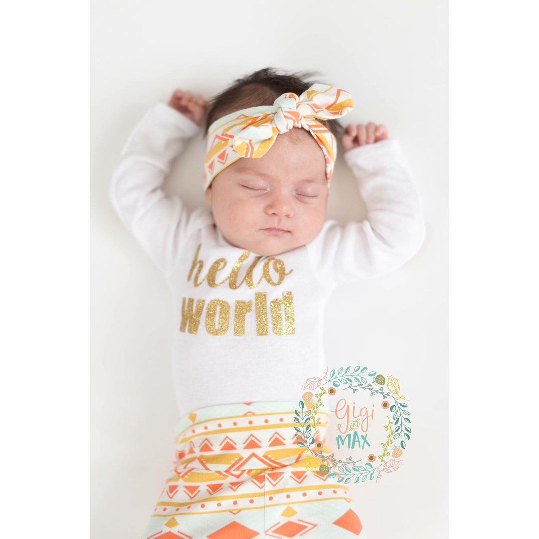 Peach and Mint Aztec Hello World Newborn Outfit - Gigi and Max