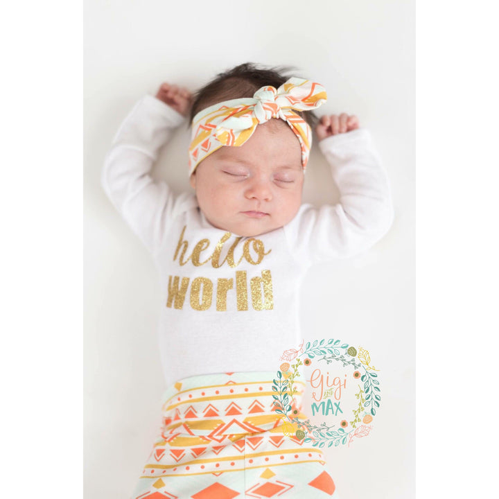 Peach and Mint Aztec Hello World Newborn Outfit - Gigi and Max