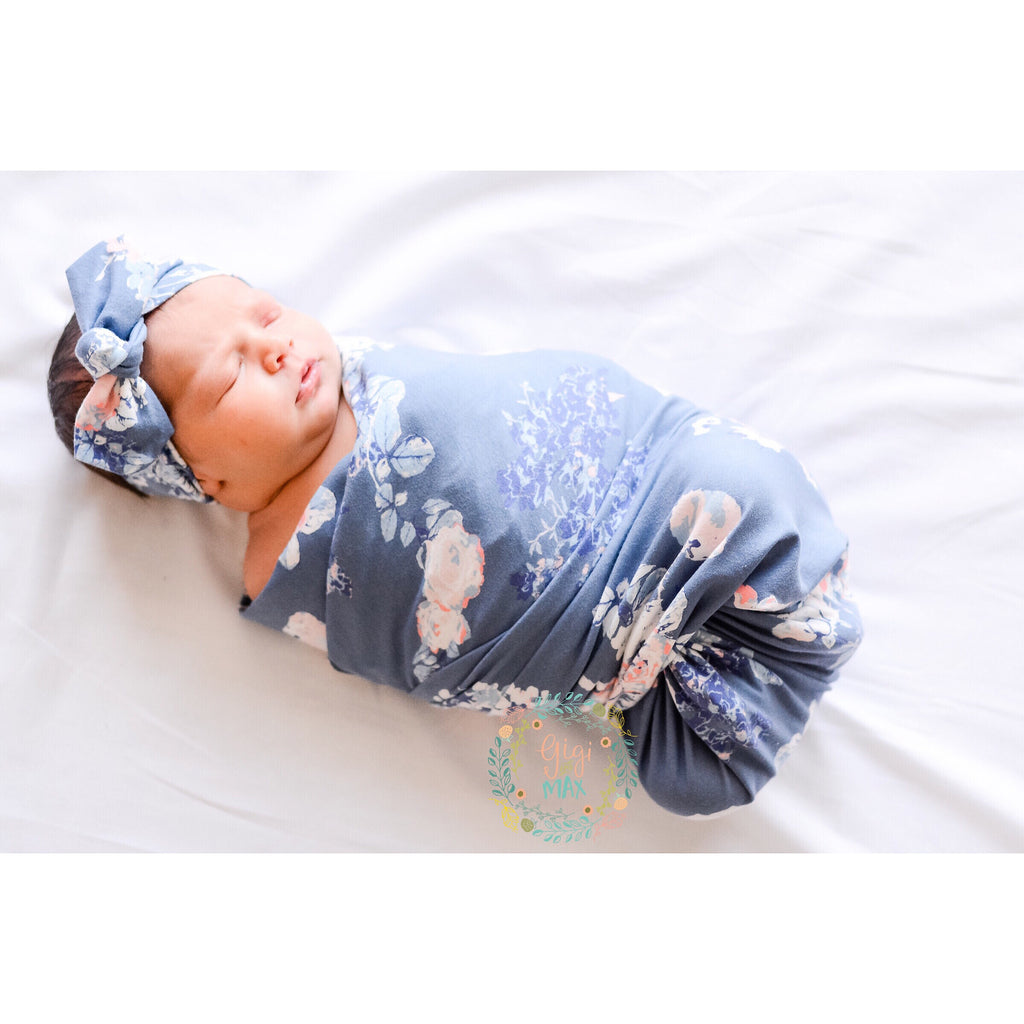 Swaddle Heathered Slate Blue and Pink Floral - Gigi and Max