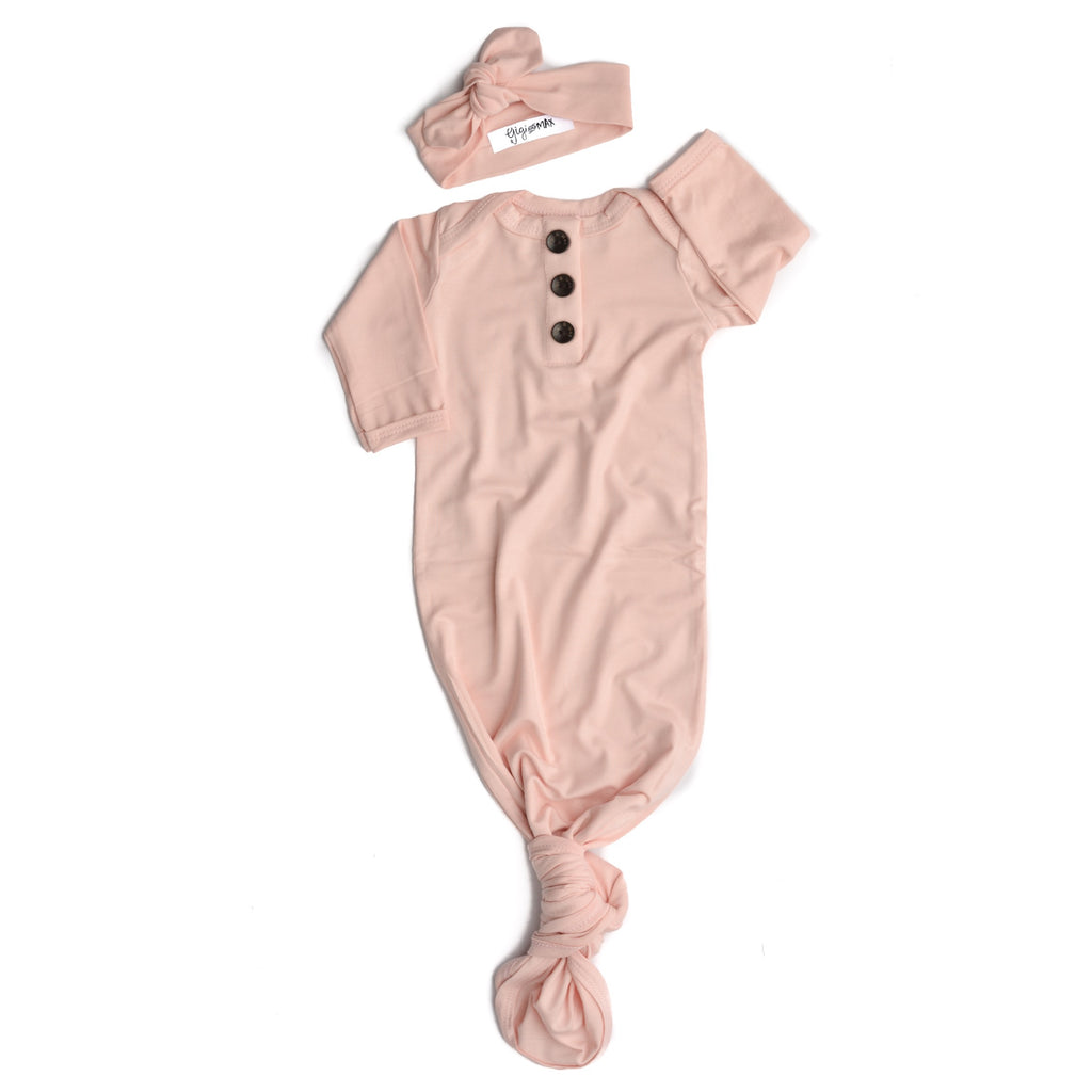 Powder Pink Knotted Button Gown -  NB-3m - Gigi and Max