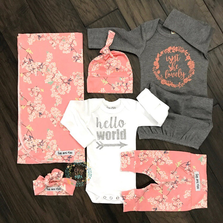 Gray and Peach Isn't she Lovely gown pink floral - Gigi and Max