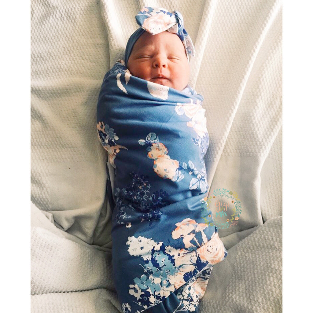 Heathered Slate Blue and Pink Floral Swaddle Gigi and Max