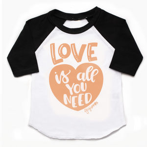 Black sleeved raglan - love is all you need in CORAL - Gigi and Max