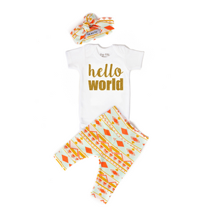 Peach and Mint Aztec Hello World Newborn Outfit - Gigi and Max